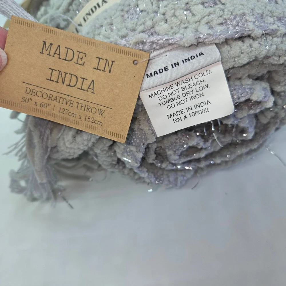 Made In India Throw Blanket Unisex 50x60 Grey Metallic Silver Knit Fringe Tassel